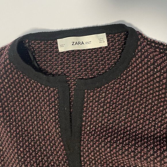Zara Knit Open Front Longline Cardigan Sweater Duster Black Burgundy Gold S - Picture 5 of 6